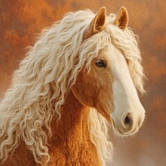 Obraz premium Elegant brown horse with long curly white mane gazes softly into autumnal scenery at golden hour