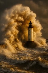 Obraz premium A solitary lighthouse stands resiliently against the immense power of a colossal, golden-brown wave crashing dramatically during a severe storm at sea.
