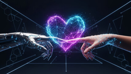 Human and robotic hands connect in love and technology fusion