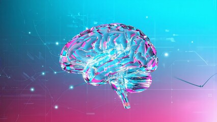 A vibrant digital illustration of a human brain in a futuristic environment with neon blue and pink hues