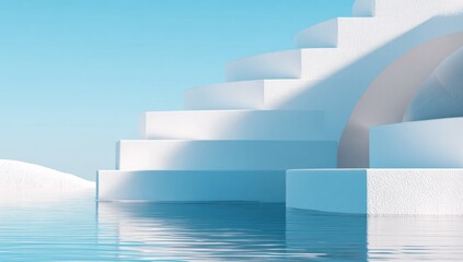 Abstract architectural design with staircase over water under bright sky