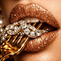 A luxurious close-up of shimmering gold glitter lips biting into a golden fork adorned with diamonds.