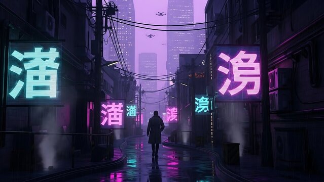 Futuristic City Street with Neon Signs at Night.