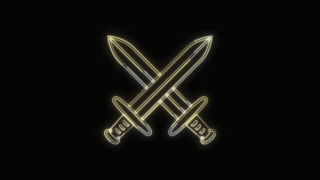 Crossed Swords Icon Neon Seamless Loop 4K with Black Background Animated Promotional Typography for Video Editing
