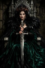 A formidable dark queen, adorned in a feathered cape and emerald green velvet gown, sits upon an ornate gothic throne, holding a majestic sword with an intense and commanding gaze.