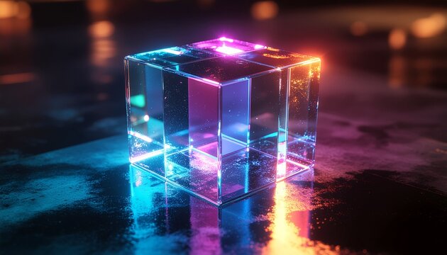 Glowing Cube with Neon Lights on Dark Surface - Powered by Adobe