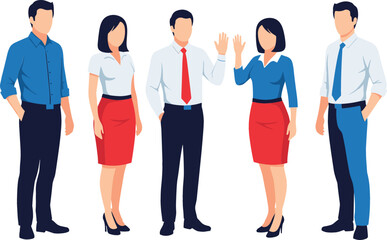 Fototapeta premium Flat vector illustration of a diverse group of five business professionals (executives and staff) standing together in corporate attire, with two women greeting or waving