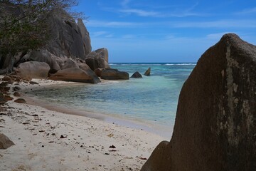 Day view of the Anse Source d Argent beach with its granite boulders on La Digue island in the Seychelles, one of the most beautiful beaches in the world