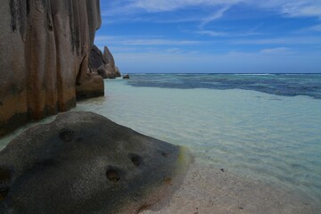 Day view of the Anse Source d Argent beach with its granite boulders on La Digue island in the Seychelles, one of the most beautiful beaches in the world