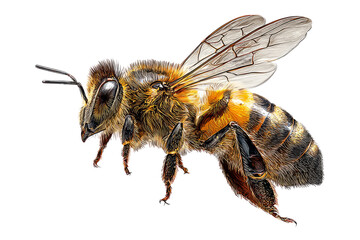 Close-up of a Honeybee with Detailed Wings and Fuzzy Body on White Background