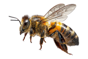 Close-up of a Honeybee with Detailed Wings and Fuzzy Body on White Background