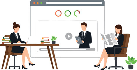 Flat vector illustration depicting businesswomen in a modern office setting, one working on a laptop while the other reads a newspaper, with a large video conference or online training webinar display