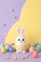 3D bunny and colorful glossy eggs floating at the bottom  Octane render, vibrant colors