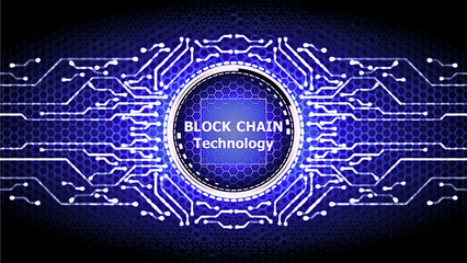 Blockchain technology concept with circuit board design and blue background