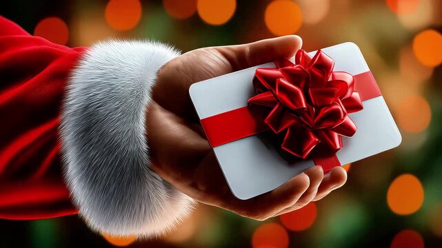 Santa holding a gift card with a red bow against a festive background  