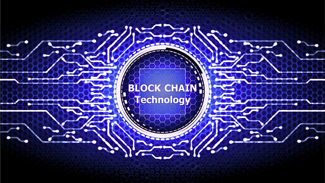 Blockchain technology concept with circuit board design and blue background - Powered by Adobe