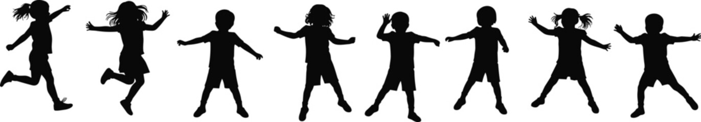 Energetic children silhouettes in active play, jumping, running, dancing, diverse motion poses for childhood activity, school sports, playground, physical education, vector illustration
