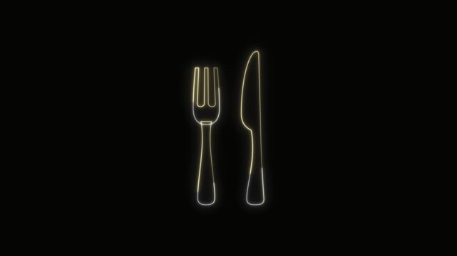 Fork and Knife Icon Neon Seamless Loop 4K with Black Background Animated Promotional Typography for Video Editing