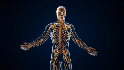 Skeleton and Nervous System Visualization, Digital Art, Science, 3D Model, Dark Background, Educational Concept
