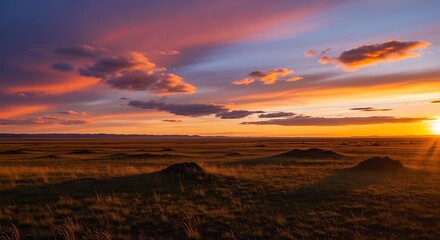 Vibrant sunset paints the sky over a vast, open landscape with dramatic clouds.