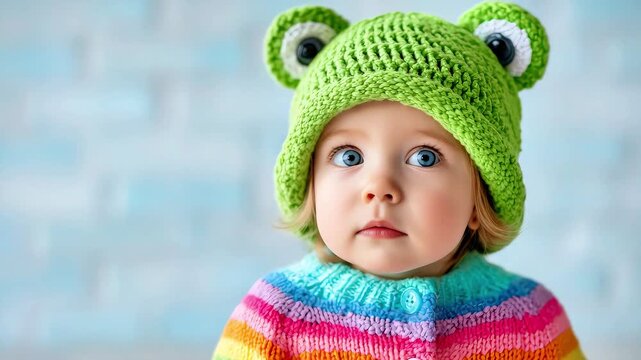 Baby wearing frog hat and colorful sweater with soft expression  