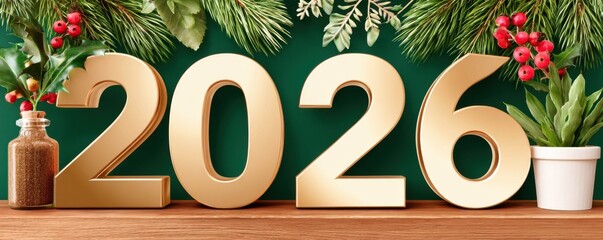 Golden 2026 numerals on a wooden table with festive greenery and holiday decor