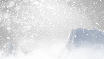 Winter blank background features falling snow and bright snowflakes, creating a perfect sale banner with frosted mountains.