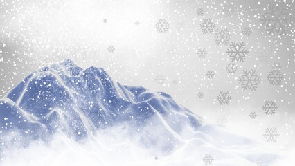 Winter blank background features falling snow and bright snowflakes, creating a perfect sale banner with frosted mountains.