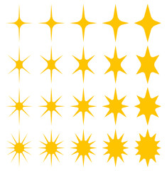 様々な形の星型、輝きマーク、キラーンマークのアイコンのベクターイラストのセット