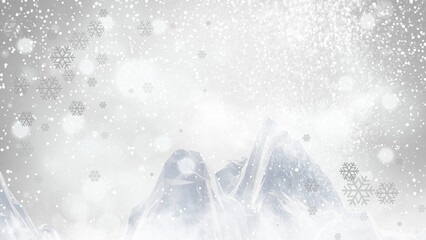 Winter blank background features falling snow and bright snowflakes, creating a perfect sale banner with frosted mountains.
