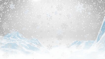 Winter blank background features falling snow and bright snowflakes, creating a perfect sale banner with frosted mountains.