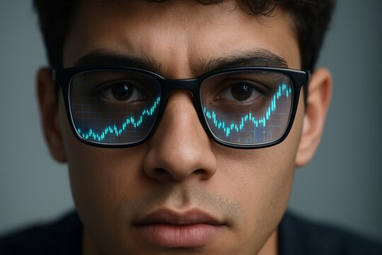 Close-up of young man wearing glasses with digital stock chart reflections, symbolizing focus on finance, investment, and data analysis concept. Ai generative - Powered by Adobe