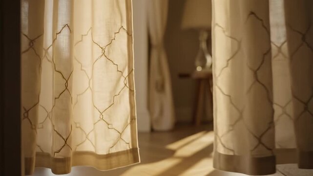 Curtains and sunlight interior: Soft, translucent curtains gently filter the golden sunlight, casting warm shadows and creating a peaceful ambiance in a bright interior space. 