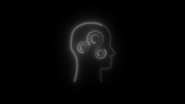Neon human head outline with rotating gear icons representing artificial intelligence and thinking process, abstract technology concept animation on dark background