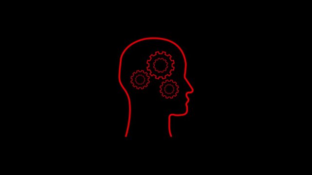 Neon human head outline with rotating gear icons representing artificial intelligence and thinking process, abstract technology concept animation on dark background
