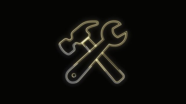 Hammer and Wrench Icon Neon Seamless Loop 4K with Black Background Animated Promotional Typography for Video Editing
