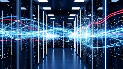 Futuristic Data Center with Glowing Network Connections.