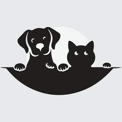 Minimal black silhouette of a cute dog and cat peeking over an edge with paws visible. Vector sticker design