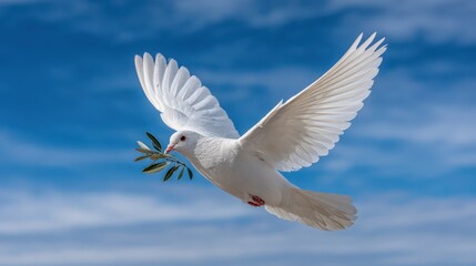 Obraz premium A white dove with an olive branch soars against a bright blue sky with fluffy clouds
