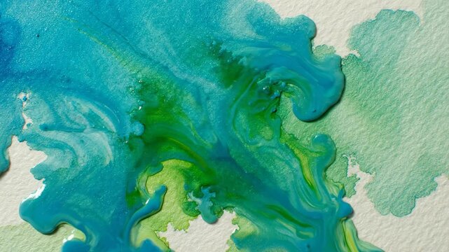 Abstract Watercolor Strokes: A vivid watercolor composition, the fusion of turquoise and emerald hues dances on the textured paper, showcasing fluidity and vibrant energy. 