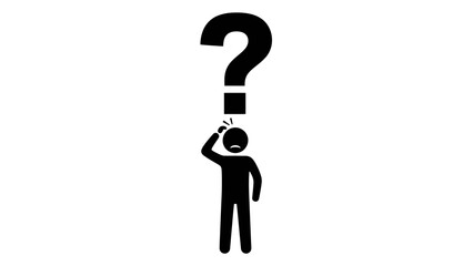 Stick figure person scratching head with question mark above, depicting confusion and uncertainty, isolated white background.