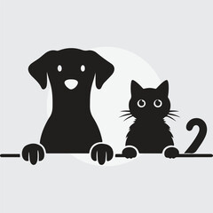 Minimal black silhouette of a cute dog and cat peeking over an edge with paws visible. Vector sticker design