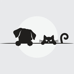 Minimal black silhouette of a cute dog and cat peeking over an edge with paws visible. Vector sticker design