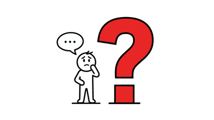 Stick Figure Person with Thought Bubble and Large Red Question Mark, Expressing Query and Thoughtfulness on Isolated White Background
