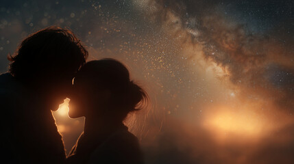 Cosmic Kiss: A couple embrace under a starlit sky, their silhouette reflecting the profound intimacy and connection found within love's celestial dance.