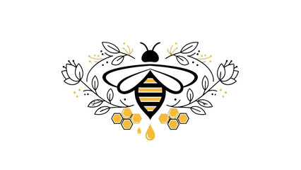 Obraz premium Elegant Stylized Bee with Flowers and Honeycomb Droplets in Decorative Frame on Isolated White Background