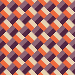 Pattern designed from blocks of cream, orange, light and dark purple diagonal rectangles