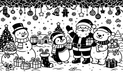 Christmas Background Line Art Vector Illustration. Detailed Christmas background vector illustration in black and white line art style. Designed in detailed outline style, perfect for coloring, kids 