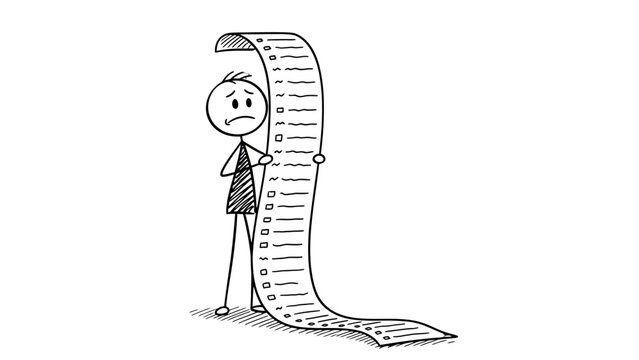 Concerned stickman standing next to a very long, folded checklist, feeling sad or overwhelmed by the tasks, isolated white background.