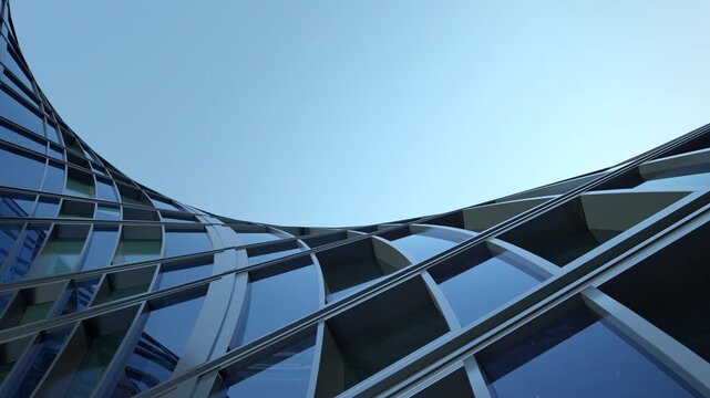 Corporate office building with curved glass window and steel frame, Business or financial concept with modern real estate architecture, 3d animation